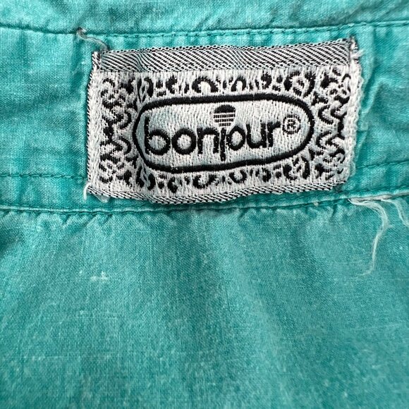 Vintage Bonjour Teal Button-Up Shirt Womens Large 100% Cotton Long Sleeve Casual - Picture 2 of 5